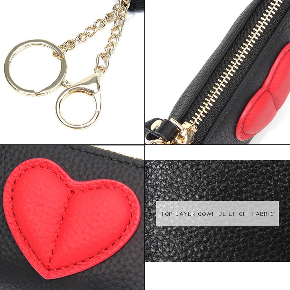 HOTRejolly Coin Pouch Purse for Women Girls Real Leather Mini Change Wallet With Keychain Key Ring Cute Heart Attachment for Purse Cream White