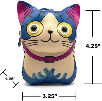 HOTHandmade Leather 3D Cat Coin Purse With Removable Wrist Strap (Blue)