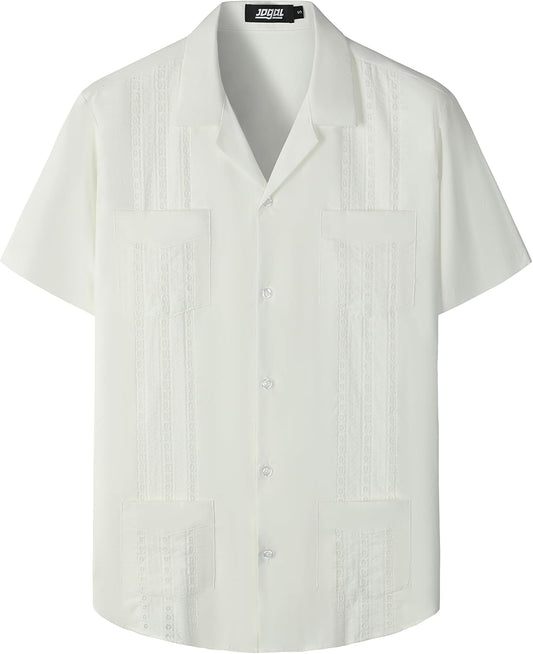 HOTJOGAL Mens Guayabera Shirts Cuban Short Sleeve Casual Button Down Beach Shirt