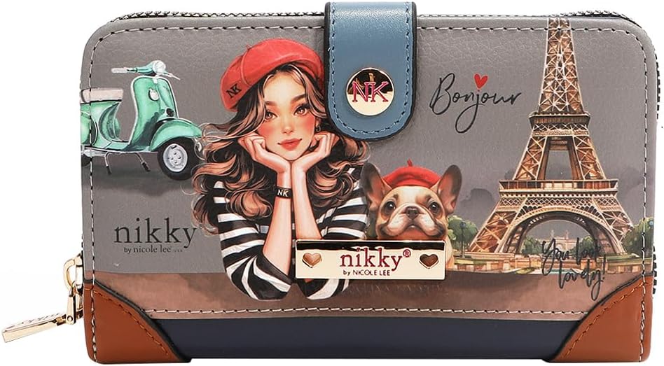 HOTNicole Lee NIKKY Compact Wallet, Vegan Leather, 8 Card Slots (EIFFEL DREAMS)