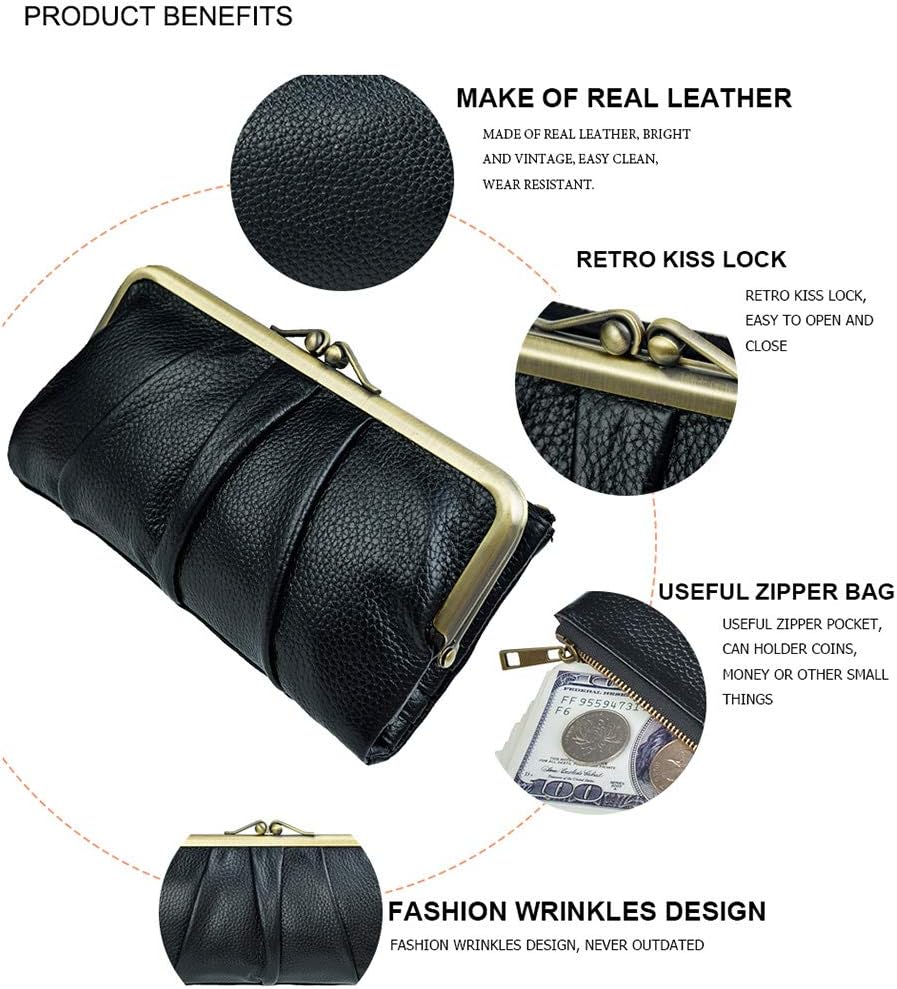 HOTEASTNIGHTS Soft Leather Wallets for Women Compact Bifold RFID Clutch Wallet Ladies Coin Purse with Zipper and Kiss Lock
