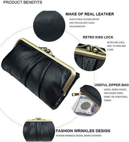 HOTEASTNIGHTS Soft Leather Wallets for Women Compact Bifold RFID Clutch Wallet Ladies Coin Purse with Zipper and Kiss Lock