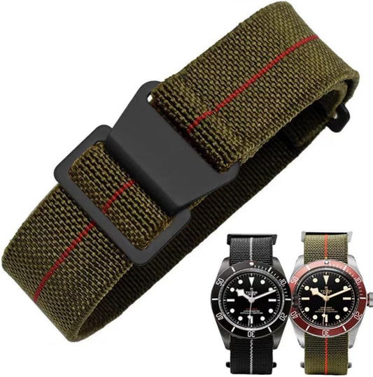 HOTFrench Troops Paratrooper Watchband,Military Elastic Nylon Watch Strap with Hook-and-Loop for Men Women Silver & Black Buckle 18/20/22mm
