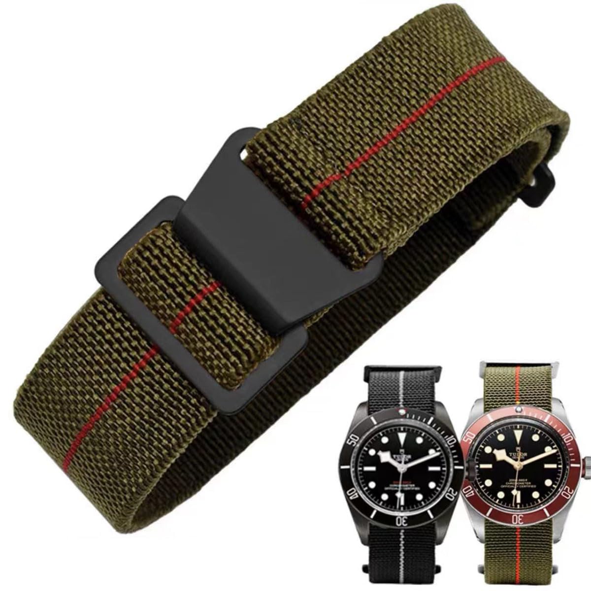HOTFrench Troops Paratrooper Watchband,Military Elastic Nylon Watch Strap with Hook-and-Loop for Men Women Silver & Black Buckle 18/20/22mm