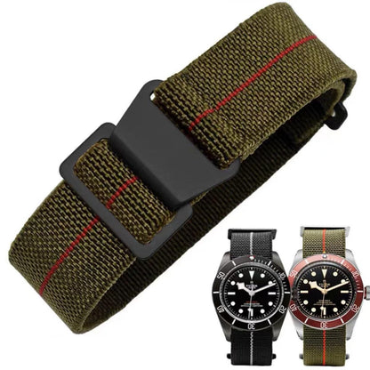 HOTFrench Troops Paratrooper Watchband,Military Elastic Nylon Watch Strap with Hook-and-Loop for Men Women Silver & Black Buckle 18/20/22mm