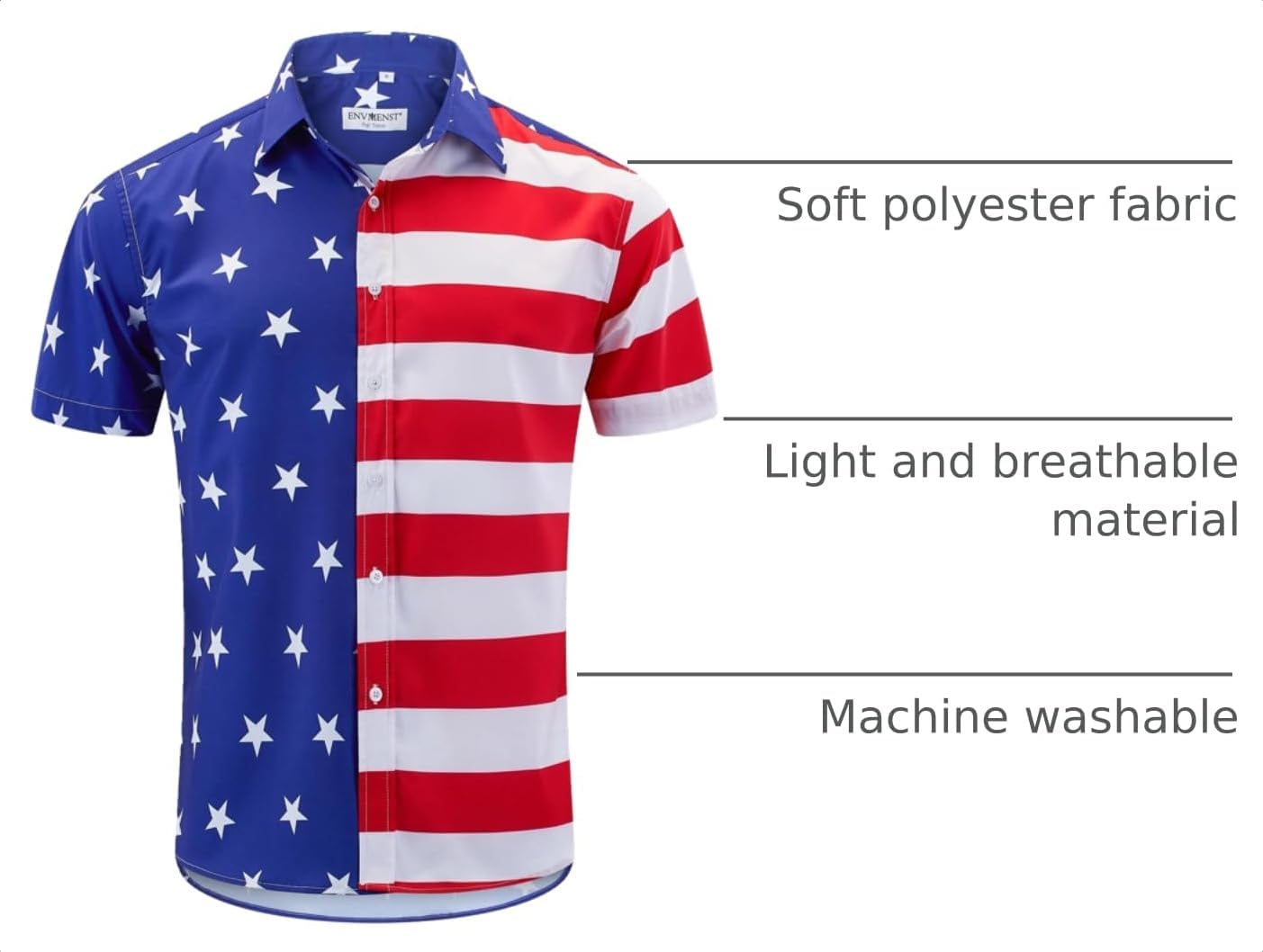 HOTENVMENST Men's American Flag Button Down Shirts Casual Short Sleeve Patriotic Hawaiian Shirt