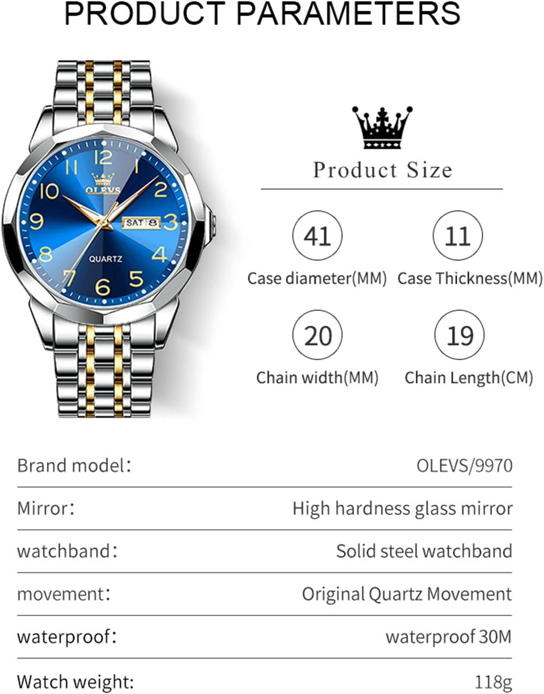 HOTOLEVS Watch for Men Luxury Dress Analog Quartz Stainless Steel Waterproof Luminous Date Diamond Business Two Tone Casual Wrist Watch