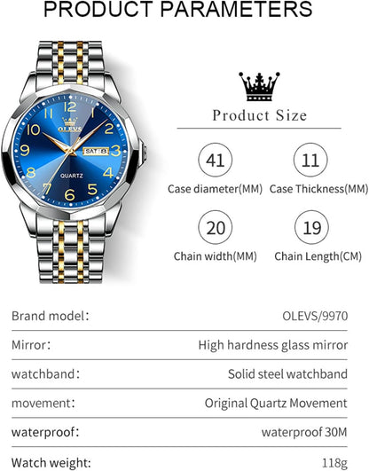 HOTOLEVS Watch for Men Luxury Dress Analog Quartz Stainless Steel Waterproof Luminous Date Diamond Business Two Tone Casual Wrist Watch