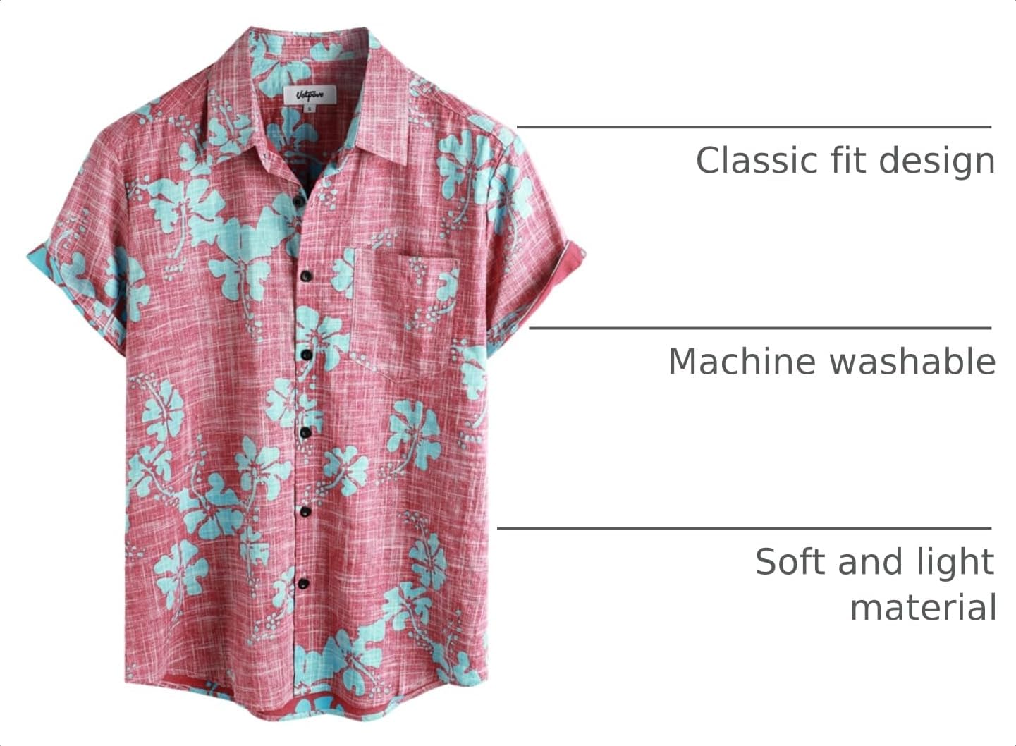 HOTVATPAVE Mens Hawaiian Shirts Casual Summer Short Sleeve Button Down Shirts | Beach, Floral, Front Pocket, Cotton, Tropical, Vacation, Vintage, Printed, Cruise, Collared, Aloha, Party, Reverse Fabric