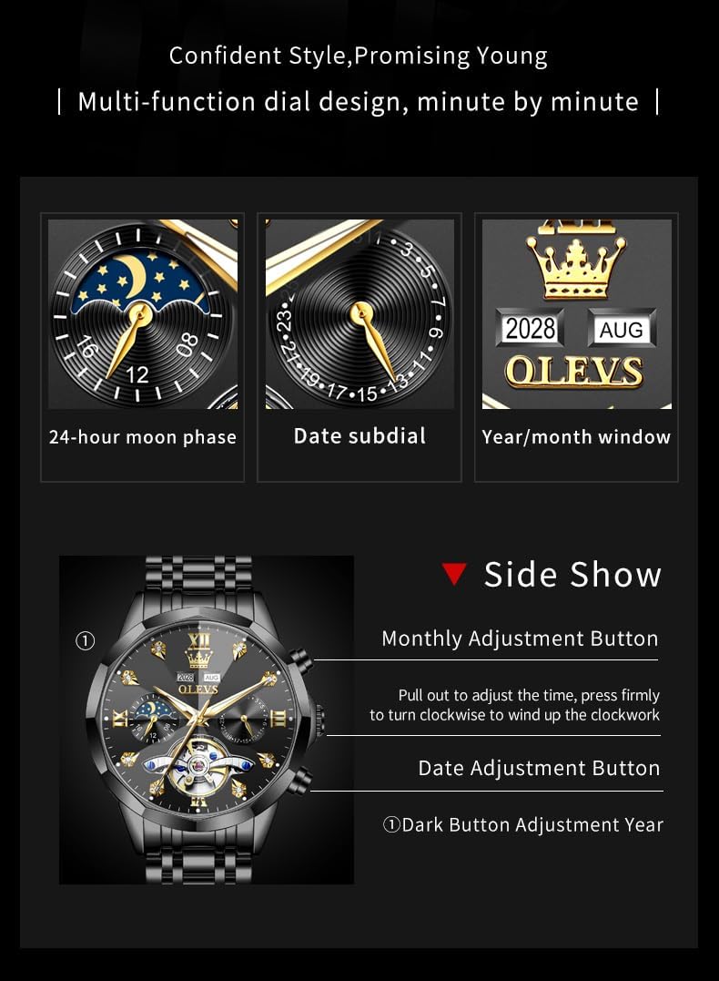HOTOLEVS Skeleton Men Watches Automatic Business Luxury Diamond Self Winding Watch for Men Stainless Steel Calendar Wrist Watch