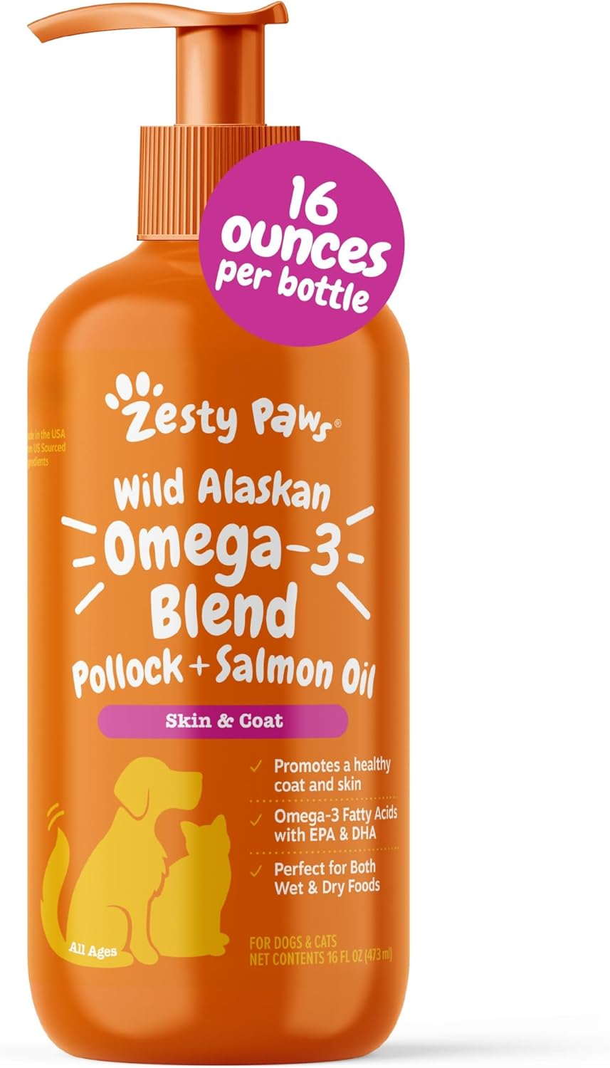 HOTZesty Paws Wild Alaskan Omega-3 Blend Pollock + Salmon Oil for Dogs and Cats- Skin and Coat Support, Omega 3 Supplement for Pets, 8.5oz