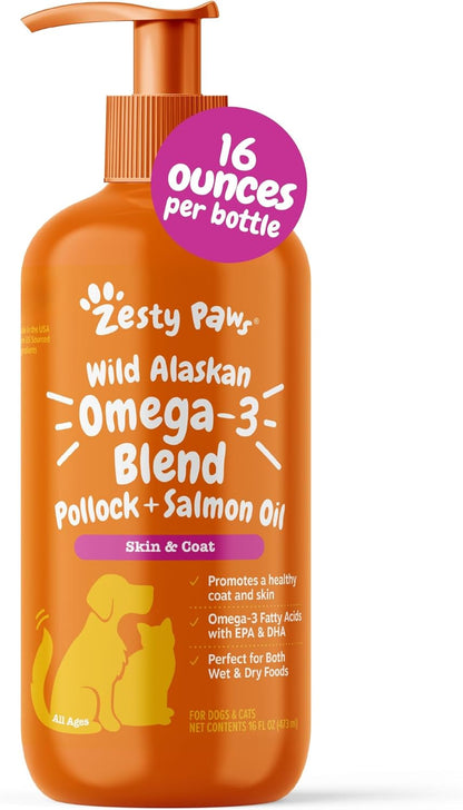 HOTZesty Paws Wild Alaskan Omega-3 Blend Pollock + Salmon Oil for Dogs and Cats- Skin and Coat Support, Omega 3 Supplement for Pets, 8.5oz