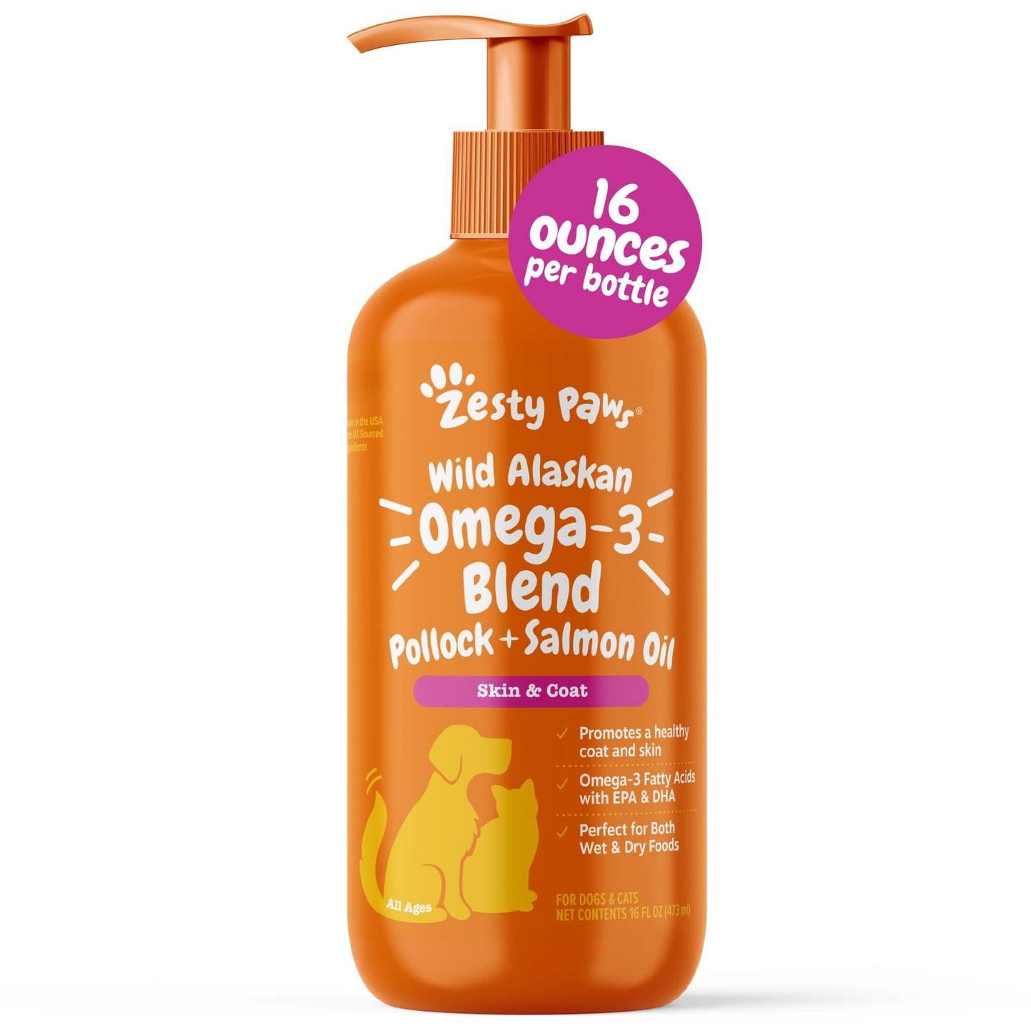 HOTZesty Paws Wild Alaskan Omega-3 Blend Pollock + Salmon Oil for Dogs and Cats- Skin and Coat Support, Omega 3 Supplement for Pets, 8.5oz