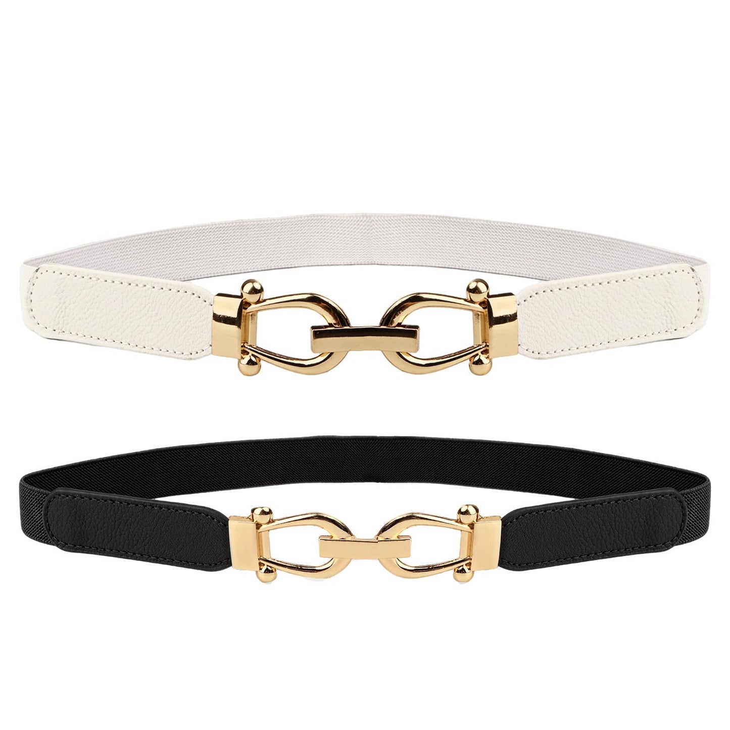 HOTWomen Stretchy Waist Belt, 70cm L Fit 27"-33" Waist 2.5cm W, Retro Elastic Gold Buckle for Ladies Dresses, 2 Pack