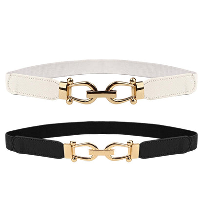 HOTWomen Stretchy Waist Belt, 70cm L Fit 27"-33" Waist 2.5cm W, Retro Elastic Gold Buckle for Ladies Dresses, 2 Pack