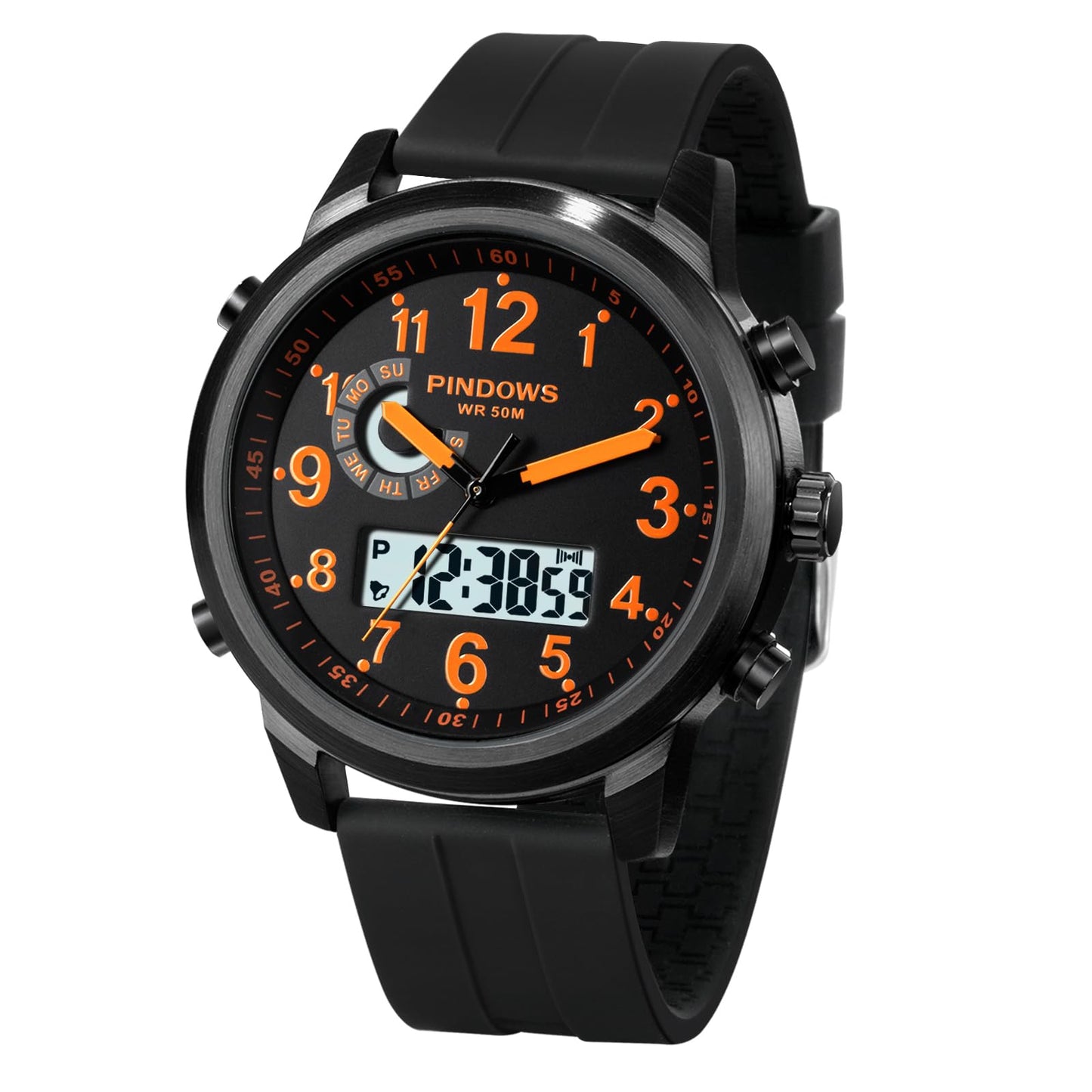 HOTPINDOWS Mens Digital Analog Watches, Multifunction Sport Casual | Dual time display, bright night backlight, daily alarm, precision stopwatch, and splash-proof construction