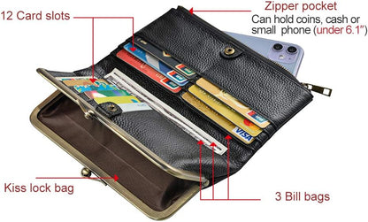 HOTEASTNIGHTS Soft Leather Wallets for Women Compact Bifold RFID Clutch Wallet Ladies Coin Purse with Zipper and Kiss Lock