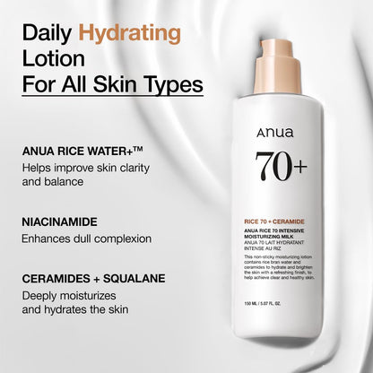 HOTANUA Rice 70 Intensive Moisturizing Milk, Hydrating Face Lotion, Niacinamide, Ceramides, All Skin Types, Sensitive, Skin Moisture Barrier, Lightweight Nourishing, Korean Skincare, 5.07 fl.oz.