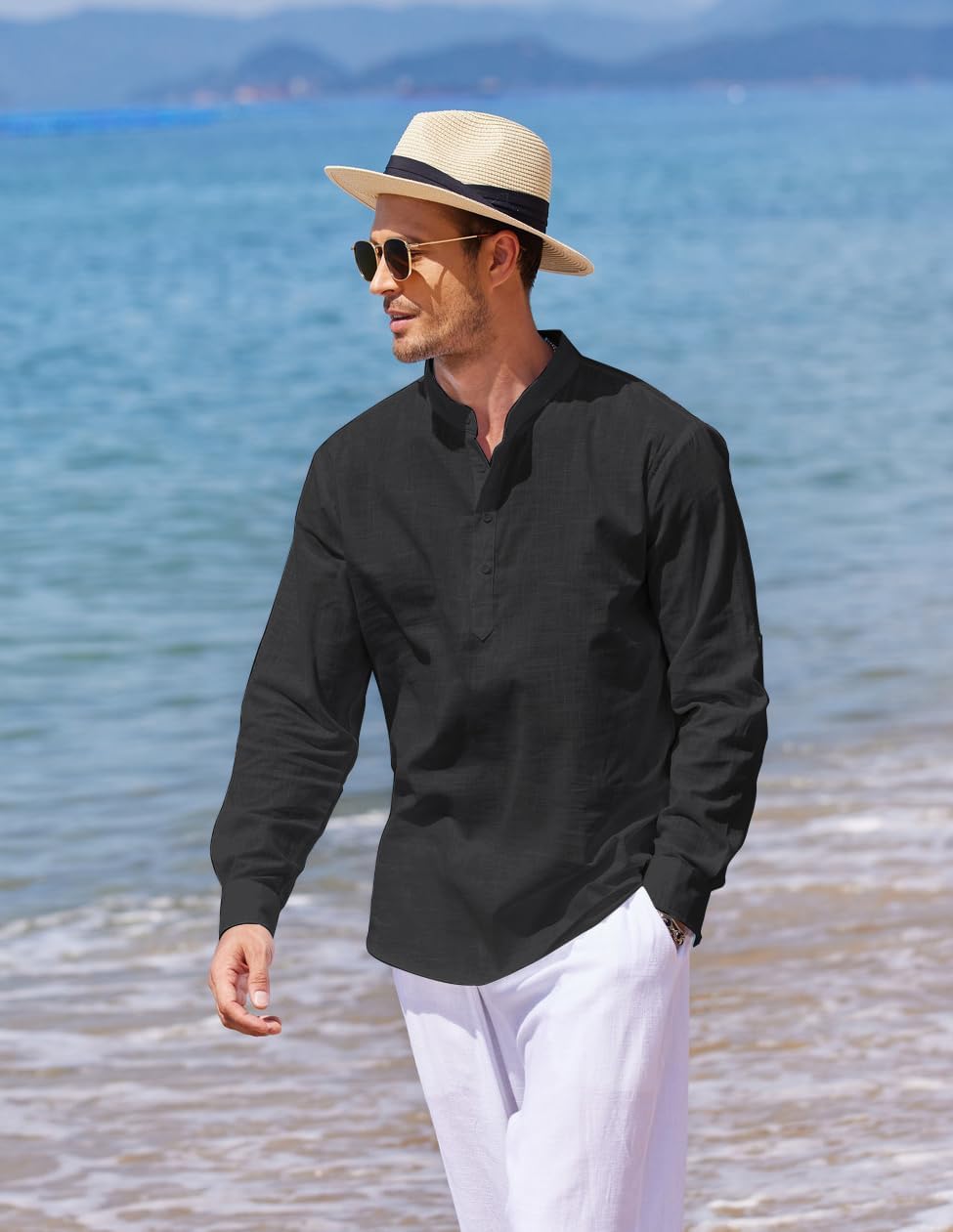 HOTCOOFANDY Men's Cotton Linen Henley T-Shirt Long Sleeve Hippie Casual Beach T-Shirts