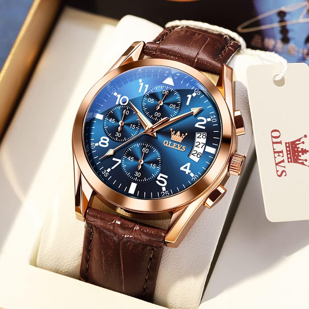 HOTOLEVS Men's Watches Brown Leather with Date,Casual Watches for Men,Large Face Watches Men,Chronograph Mens Watch,Sport Waterproof Business Dress Analog Quartz Men's Wrist Watches Reloj De Hombre