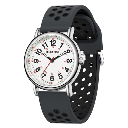 HOTGOLDEN HOUR Waterproof Nurse Watch for Medical Professionals, Students Women Men - Military Time Luminouse Easy Read Dial, 24 Hour with Second Hand, Colorful Silicone Band