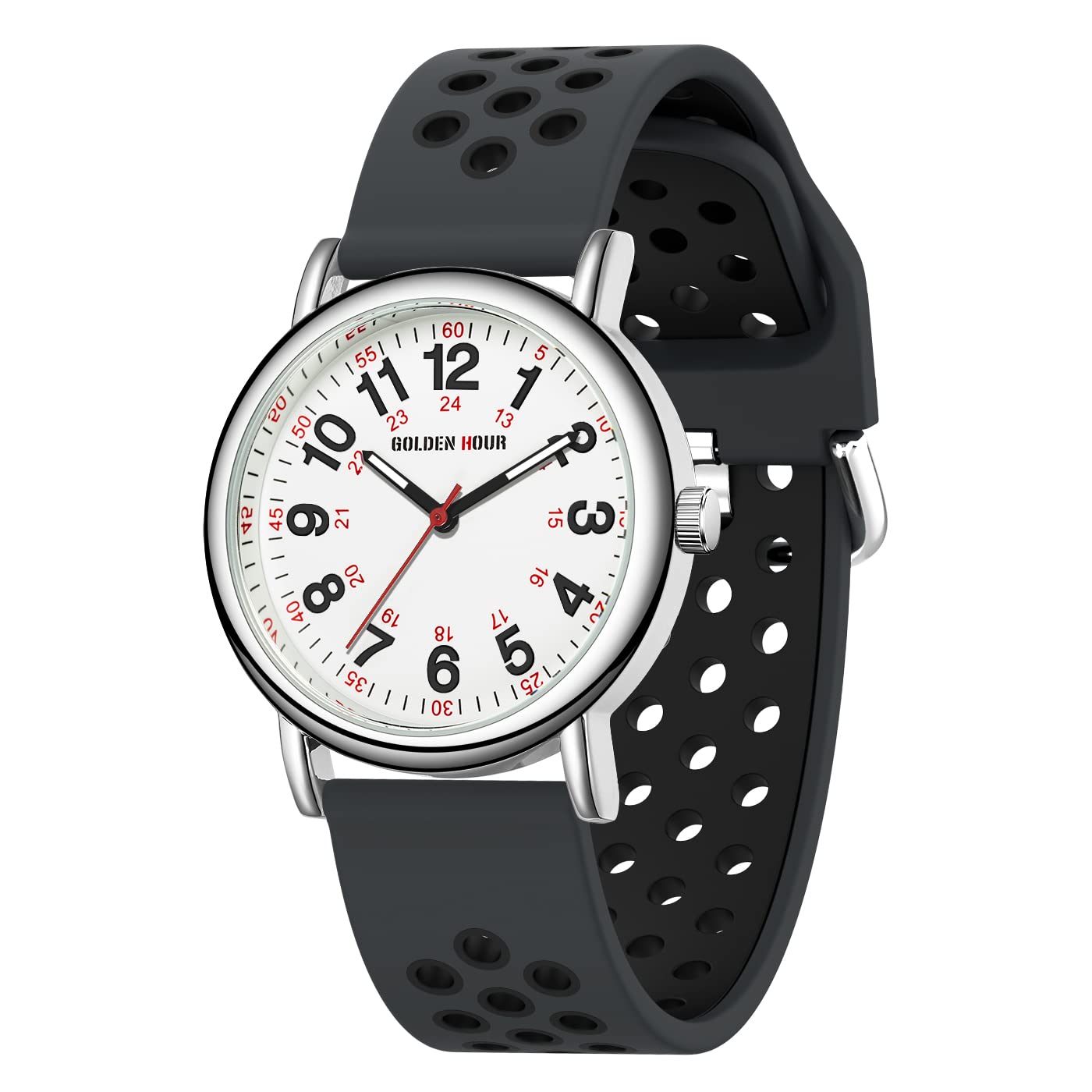 HOTGOLDEN HOUR Waterproof Nurse Watch for Medical Professionals, Students Women Men - Military Time Luminouse Easy Read Dial, 24 Hour with Second Hand, Colorful Silicone Band
