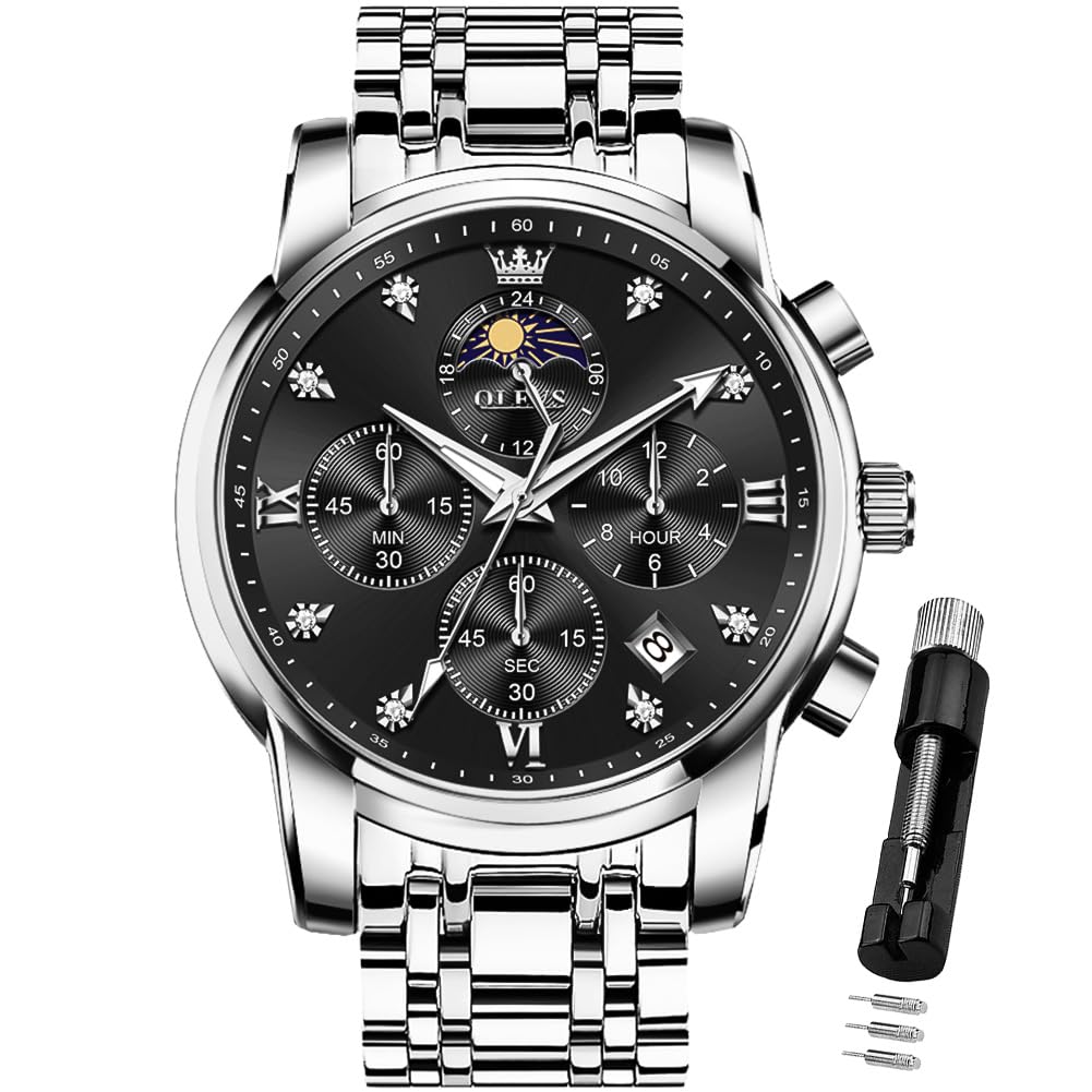 HOTOLEVS Watch for Men Diamond Business Dress Analog Quartz Stainless Steel Waterproof Luminous Date Two Tone Luxury Casual Wrist Watch Blue