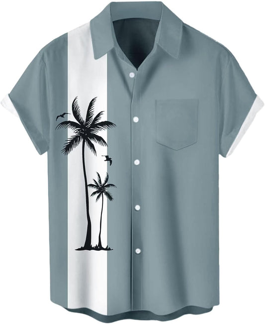 HOTMen's Short Sleeve Button Up Hawaiian Shirt 1950s Vintage Bowling Shirts