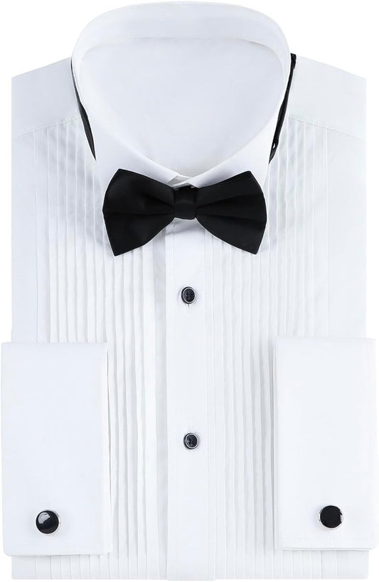 HOTGollnwe Tuxedo Shirts for Men Wing Collar French Cuff with Cufflinks and Bow Tie