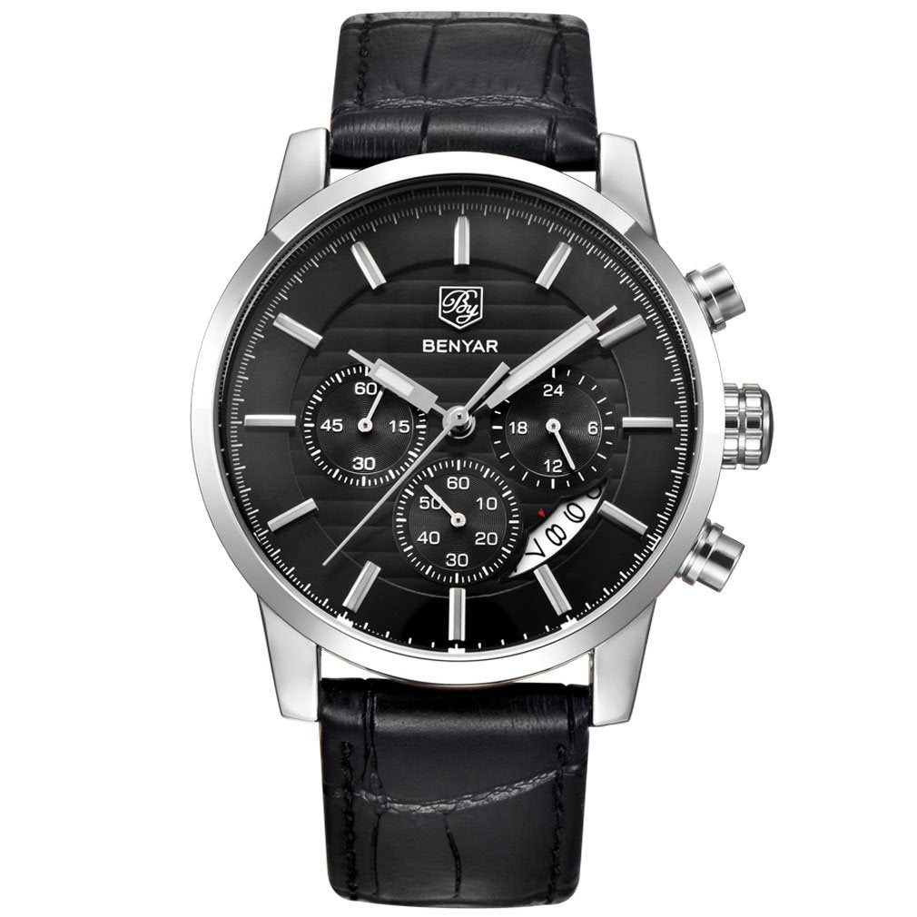 HOTBENYAR Quartz Chronograph Waterproof Watches Business and Sport Design Leather Band Strap Wrist Watch for Men