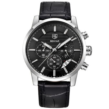 HOTBENYAR Quartz Chronograph Waterproof Watches Business and Sport Design Leather Band Strap Wrist Watch for Men