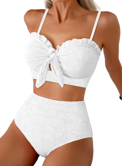 HOTHerseas Women's Seashell Textured Bikini Sets Knotted Front 2 Piece Swimsuits Ruffle Trim Bathing Suits