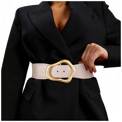 HOTXZQTIVE Women Wide Elastic Waist Belt for Dresses Fashion Big Gold Buckle Stretchy Leather Waistband for Ladies