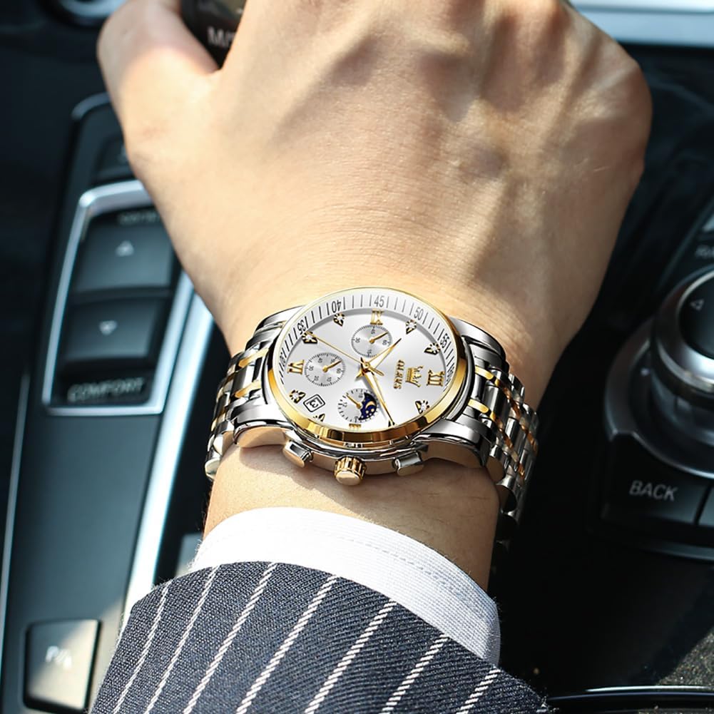 HOTOLEVS Watch for Men Diamond Business Dress Analog Quartz Stainless Steel Waterproof Luminous Date Two Tone Luxury Casual Wrist Watch Blue