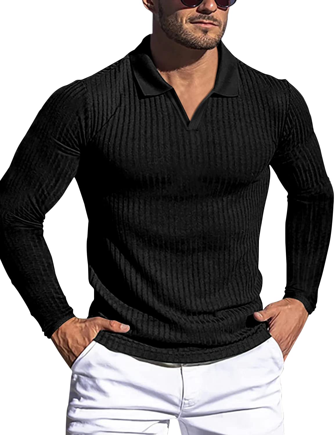 HOTMen's Muscle V Neck Polo Shirts Slim Fit Short Long Sleeve Cotton Golf T-Shirts Ribbed Knit Soft Tees