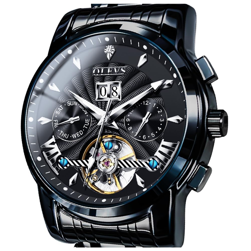 HOTOLEVS Self Winding Watches for Men Automatic Mechanical Dress Tourbillon Stainless Steel Dual Calendar Waterproof Luminous Wrist Watch