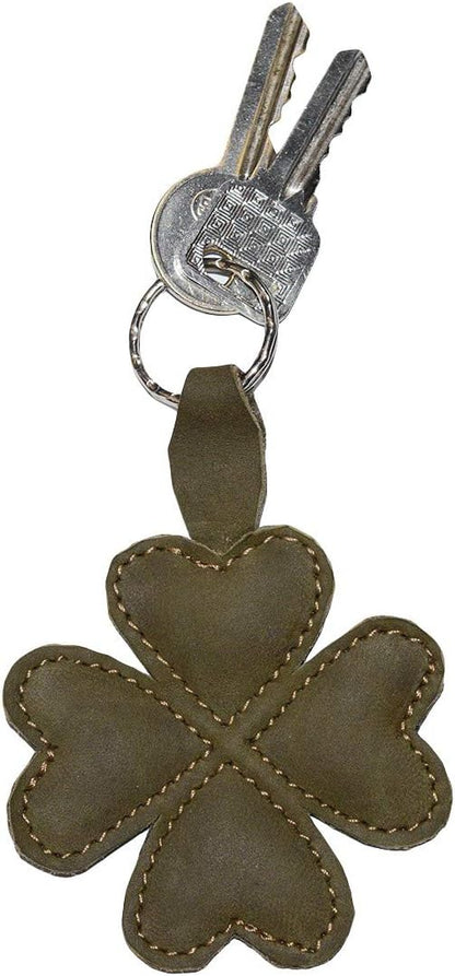 HOTHide & Drink, Lucky Clover Keychain, Good Luck Keyring, Four-Leaf, Key Organizer Holder, Full Grain Leather, Handmade, Peat Moss