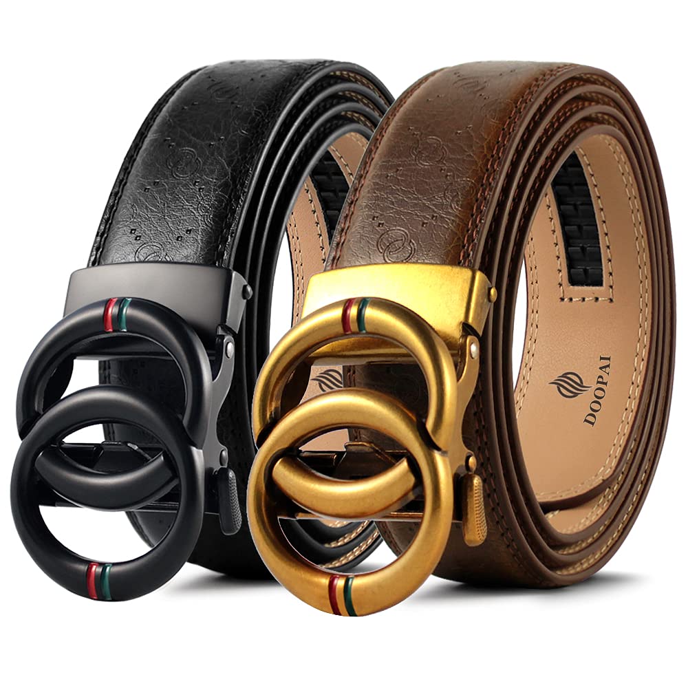 HOTDOOPAI Men's 2 Pack Ratchet Dress Belt - Adjustable 1 3/8" Genuine Leather, Size Length Can Be Cut, With Gift Box