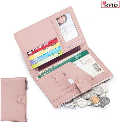 HOTJONON Wallet Women Rfid Blocking Small Compact Bifold Luxury Leather Pocket Wallet Ladies Small Purse with ID Window (Pink)