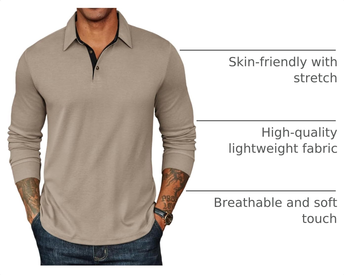 HOTCOOFANDY Mens Long Sleeve Polo Shirts Classic CasualButton Collared PoloTee