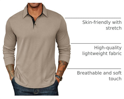 HOTCOOFANDY Mens Long Sleeve Polo Shirts Classic CasualButton Collared PoloTee