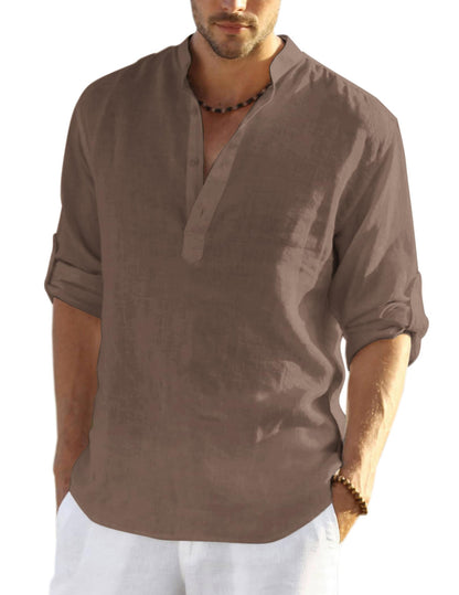 HOTCOOFANDY Men's Cotton Linen Henley T-Shirt Long Sleeve Hippie Casual Beach T-Shirts