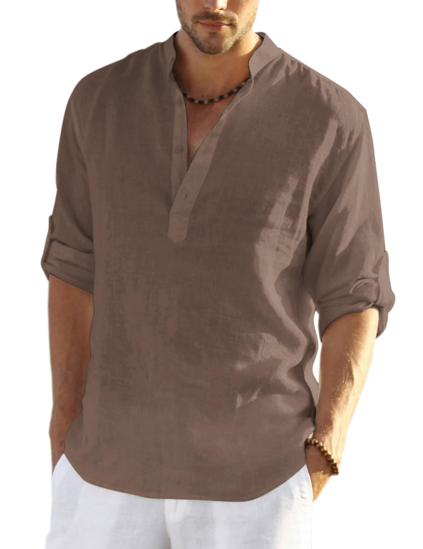 HOTCOOFANDY Men's Cotton Linen Henley T-Shirt Long Sleeve Hippie Casual Beach T-Shirts