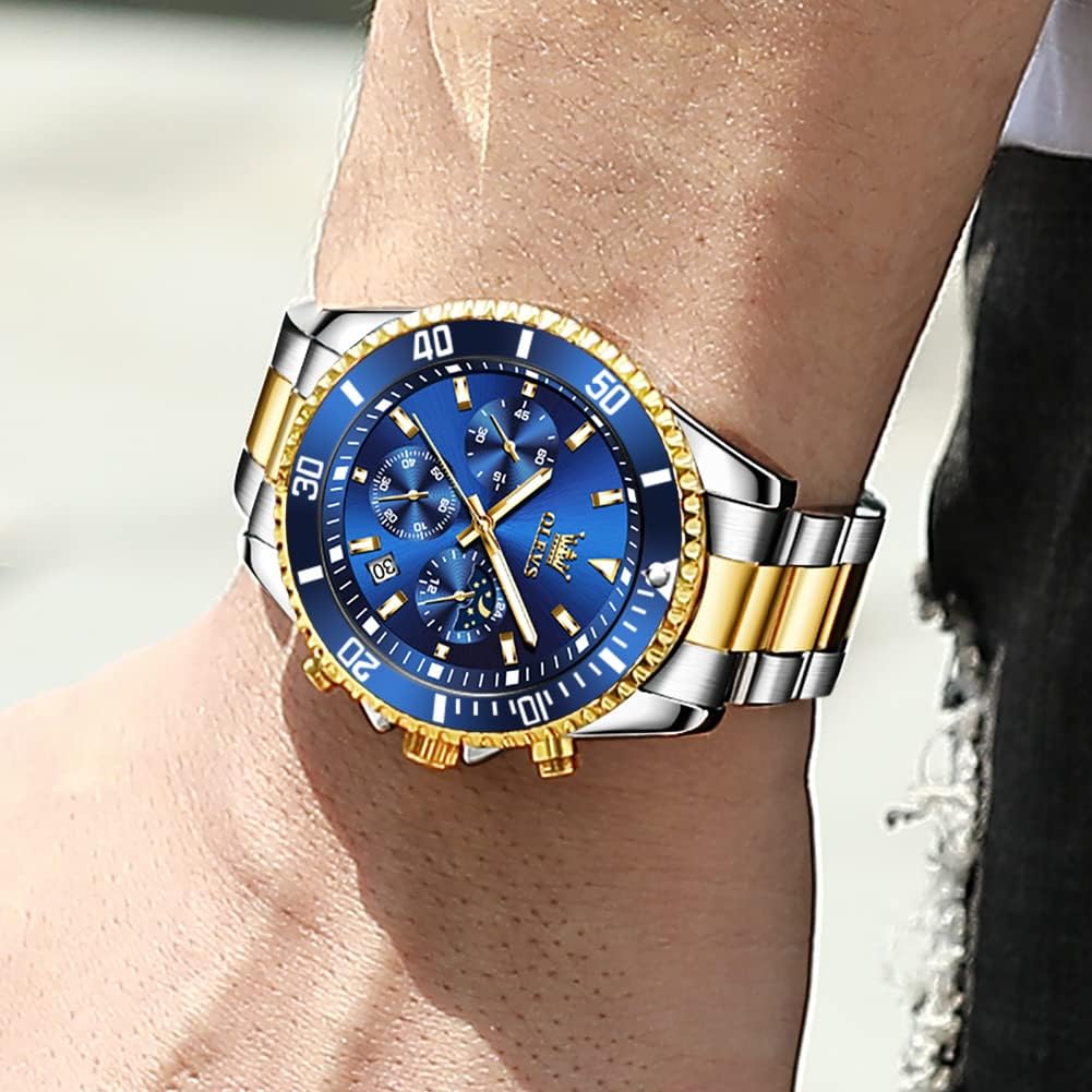 HOTOLEVS Men's Waterproof Watches Stainless Steel Waterproof Chronograph Wrist Watches Luxury Dress White Luminous Big Face Analog Quartz Male Watches