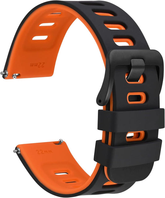 HOTWOCCI 22mm Bicolor Watch Band, Silicone Rubber, Quick Release Replacement Strap for Men and Women, Black Stainless Steel Buckle (Black-Orange)