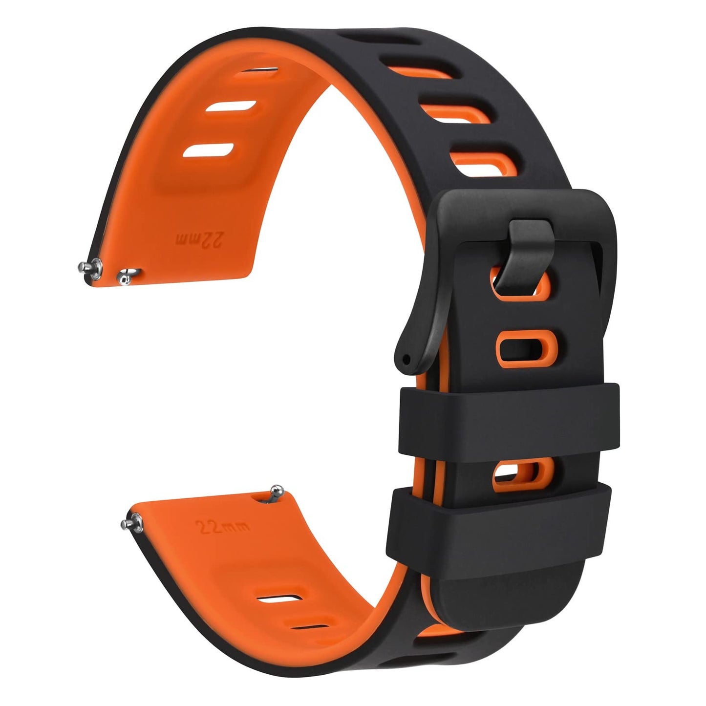 HOTWOCCI 22mm Bicolor Watch Band, Silicone Rubber, Quick Release Replacement Strap for Men and Women, Black Stainless Steel Buckle (Black-Orange)