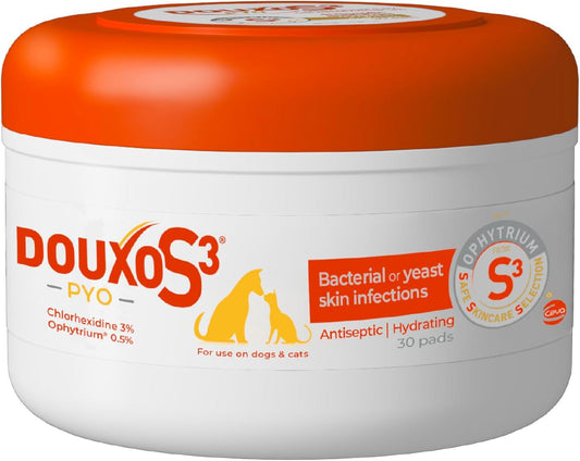 HOTDouxo S3 PYO Pads, 3% Chlorhexidine Wipes for Dogs and Cats, 30 Pads | Antiseptic Dog Wipes For Bacterial or Yeast Skin Infections, 0.5% Ophytrium, Clinically Proven