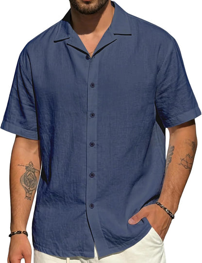 HOTMens Cotton Linen Shirt Casual Lightweight Button Down Shirt Short Sleeve Summer Beach Vacation Tops