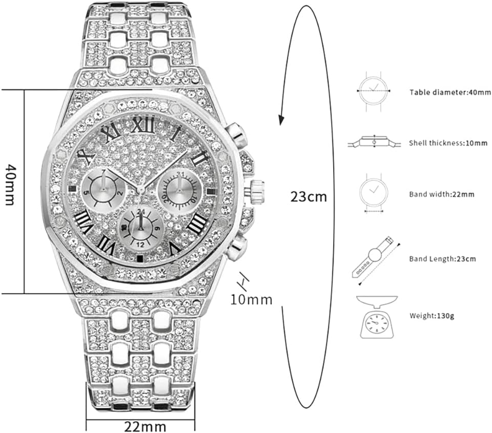 HOTApzzic Diamond Iced Out Watch CZ Gold Plated 40mm Width Roman Numerals Dial Quartz Wristband Watch for Men Women