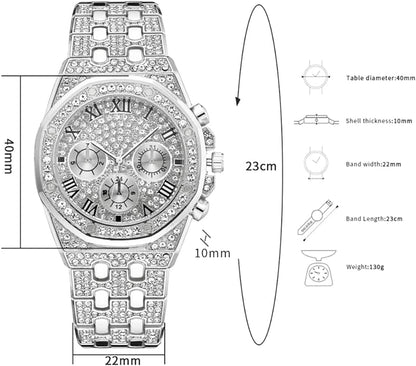 HOTApzzic Diamond Iced Out Watch CZ Gold Plated 40mm Width Roman Numerals Dial Quartz Wristband Watch for Men Women